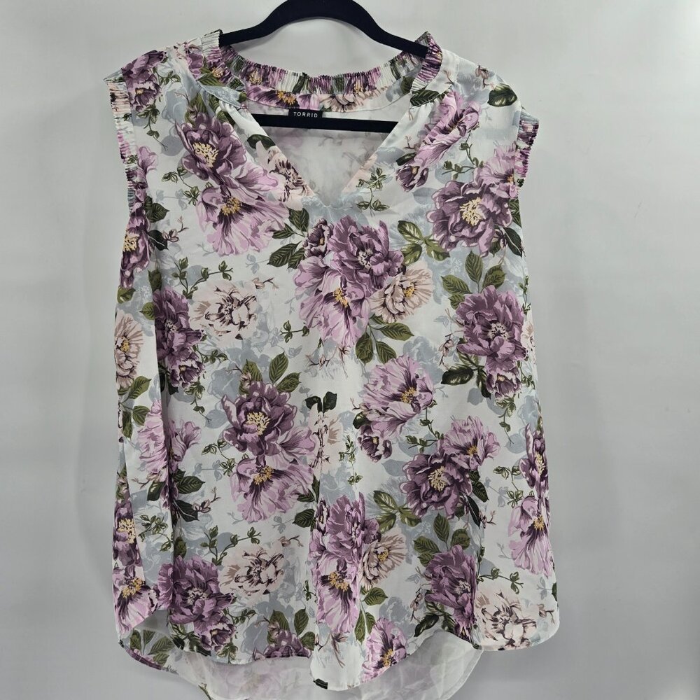Torrid White Floral Chiffon Ruffled Sheer Swiss Dots Sleeveless Blouse 2/2x